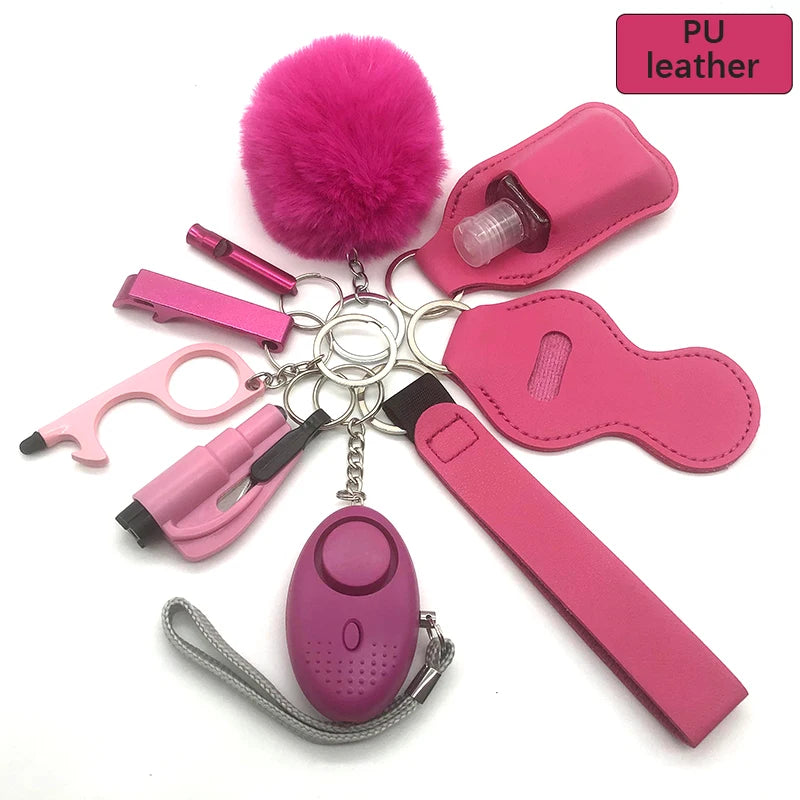 10-12PCS Girl Safety Keychain Supply Self Defense Keychain For Women Bottle Opener Pom Pom Fur Ball Wristlet Card Grabber