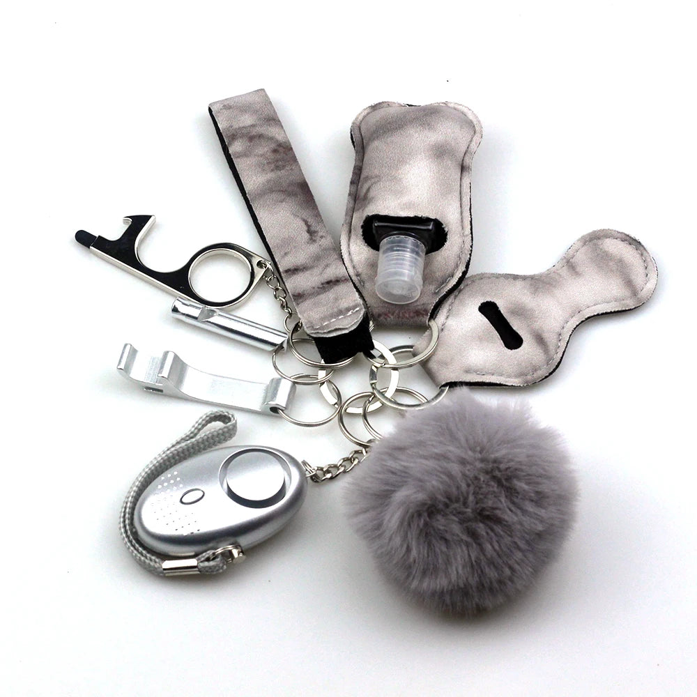 10-12PCS Girl Safety Keychain Supply Self Defense Keychain For Women Bottle Opener Pom Pom Fur Ball Wristlet Card Grabber