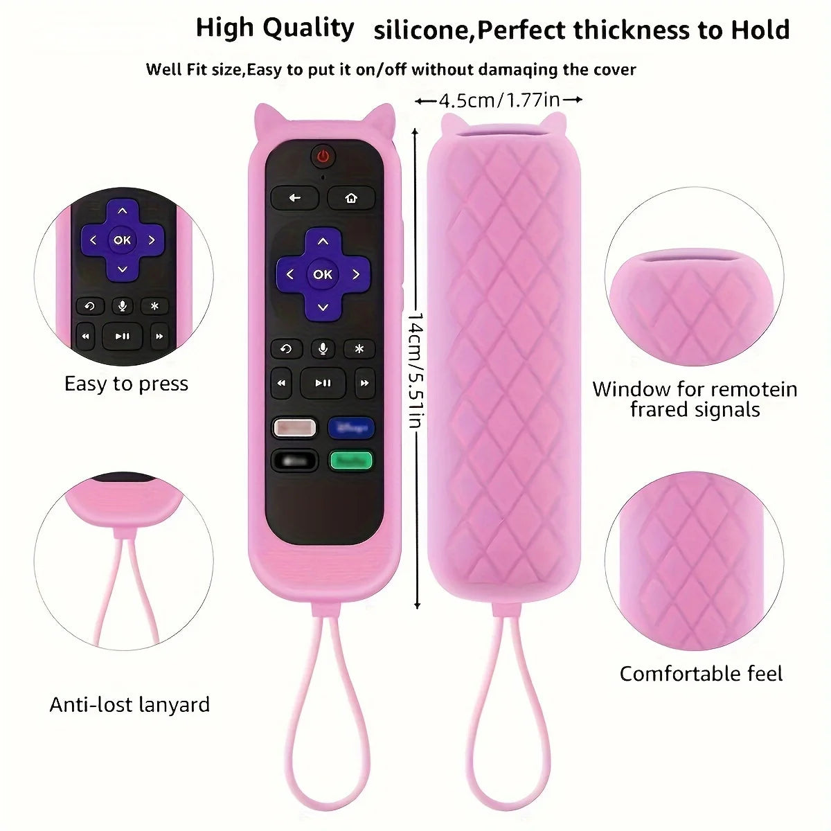 Glow in the dark cute cat's ears shaped silicone universal remote control cover with  for TCL Hisense Roku TV remote control