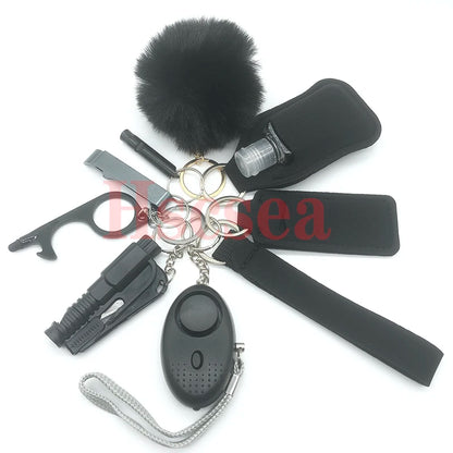 10-12PCS Girl Safety Keychain Supply Self Defense Keychain For Women Bottle Opener Pom Pom Fur Ball Wristlet Card Grabber