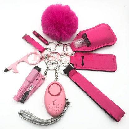 10-12PCS Girl Safety Keychain Supply Self Defense Keychain For Women Bottle Opener Pom Pom Fur Ball Wristlet Card Grabber