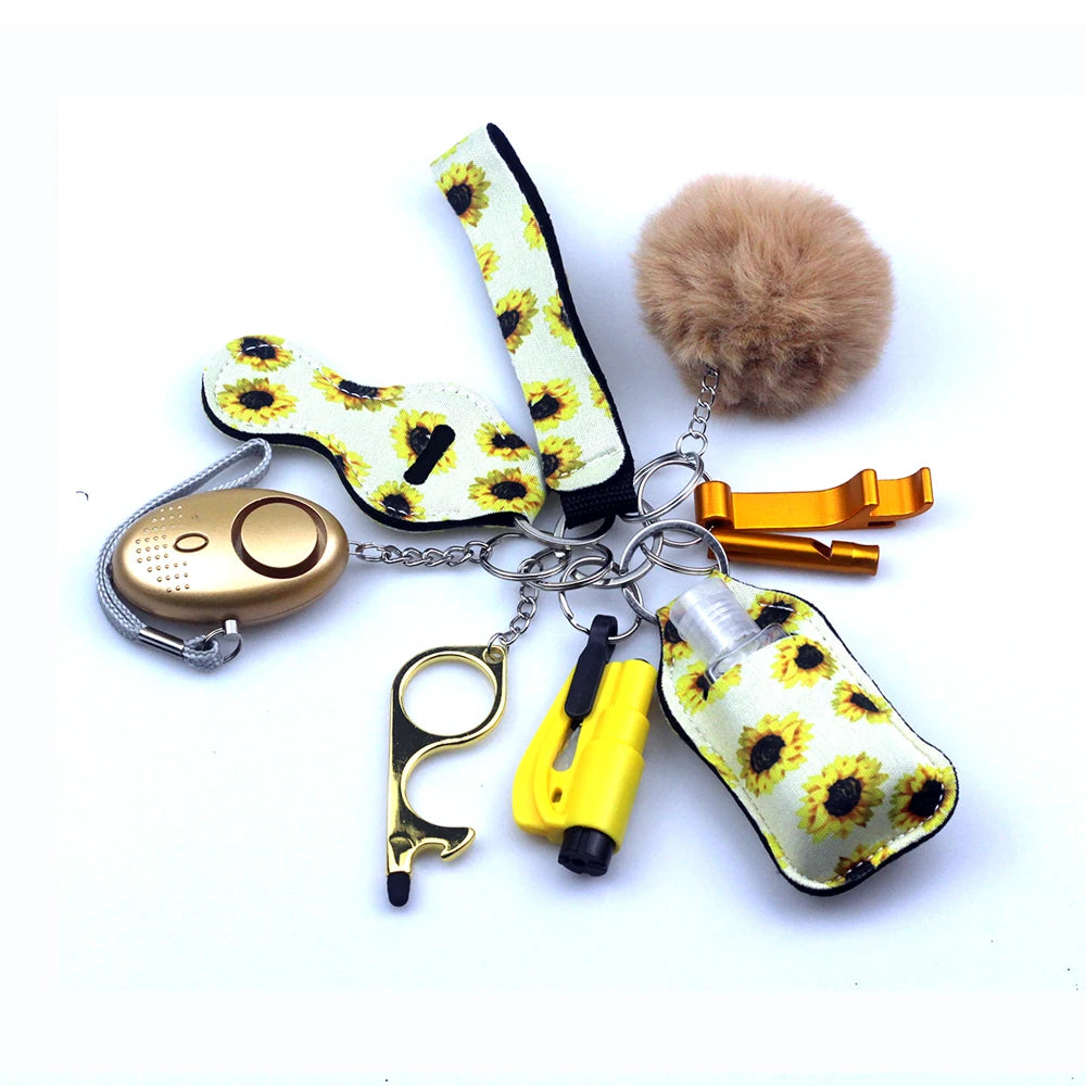10-12PCS Girl Safety Keychain Supply Self Defense Keychain For Women Bottle Opener Pom Pom Fur Ball Wristlet Card Grabber