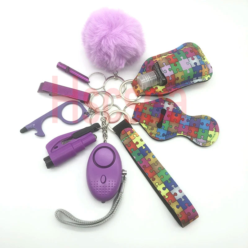 10-12PCS Girl Safety Keychain Supply Self Defense Keychain For Women Bottle Opener Pom Pom Fur Ball Wristlet Card Grabber