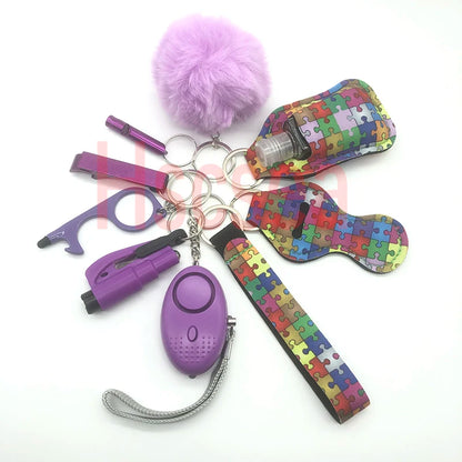 10-12PCS Girl Safety Keychain Supply Self Defense Keychain For Women Bottle Opener Pom Pom Fur Ball Wristlet Card Grabber
