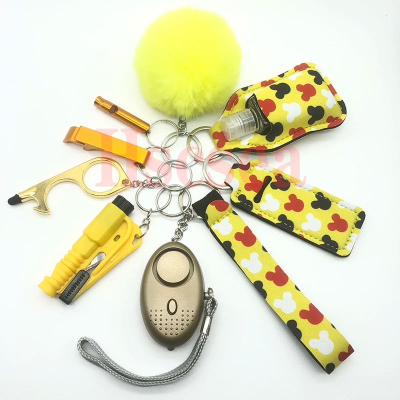 10-12PCS Girl Safety Keychain Supply Self Defense Keychain For Women Bottle Opener Pom Pom Fur Ball Wristlet Card Grabber