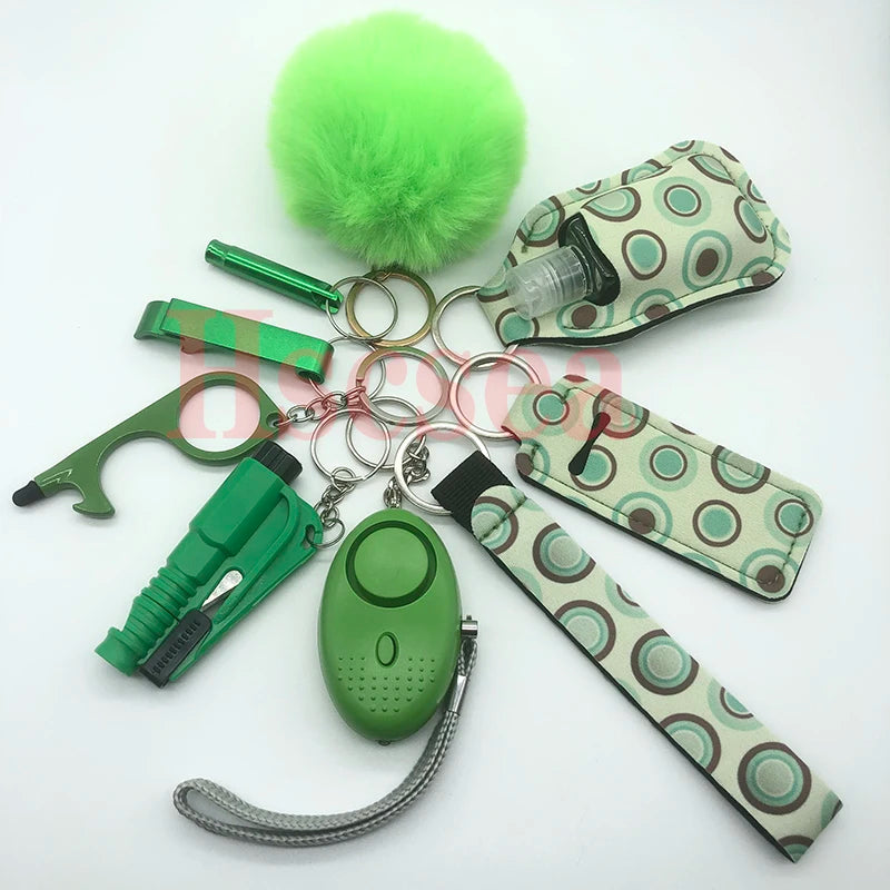 10-12PCS Girl Safety Keychain Supply Self Defense Keychain For Women Bottle Opener Pom Pom Fur Ball Wristlet Card Grabber