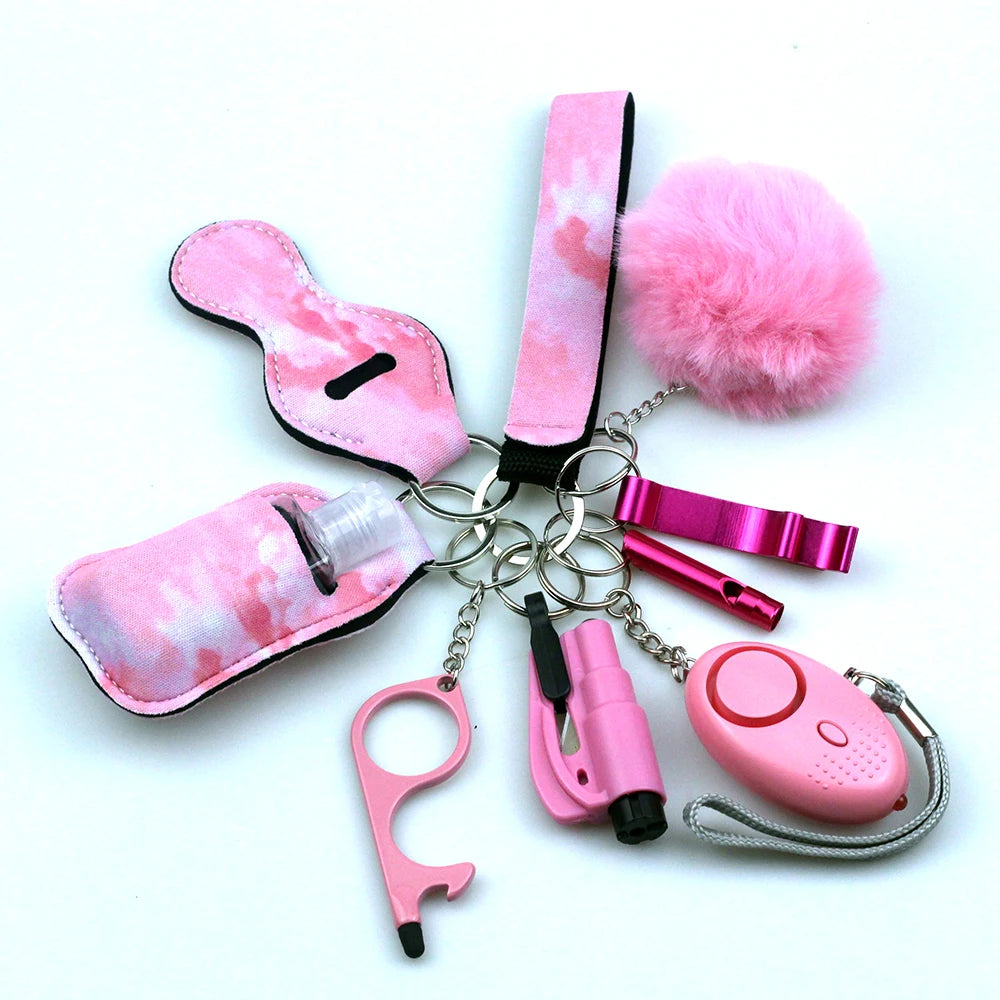 10-12PCS Girl Safety Keychain Supply Self Defense Keychain For Women Bottle Opener Pom Pom Fur Ball Wristlet Card Grabber