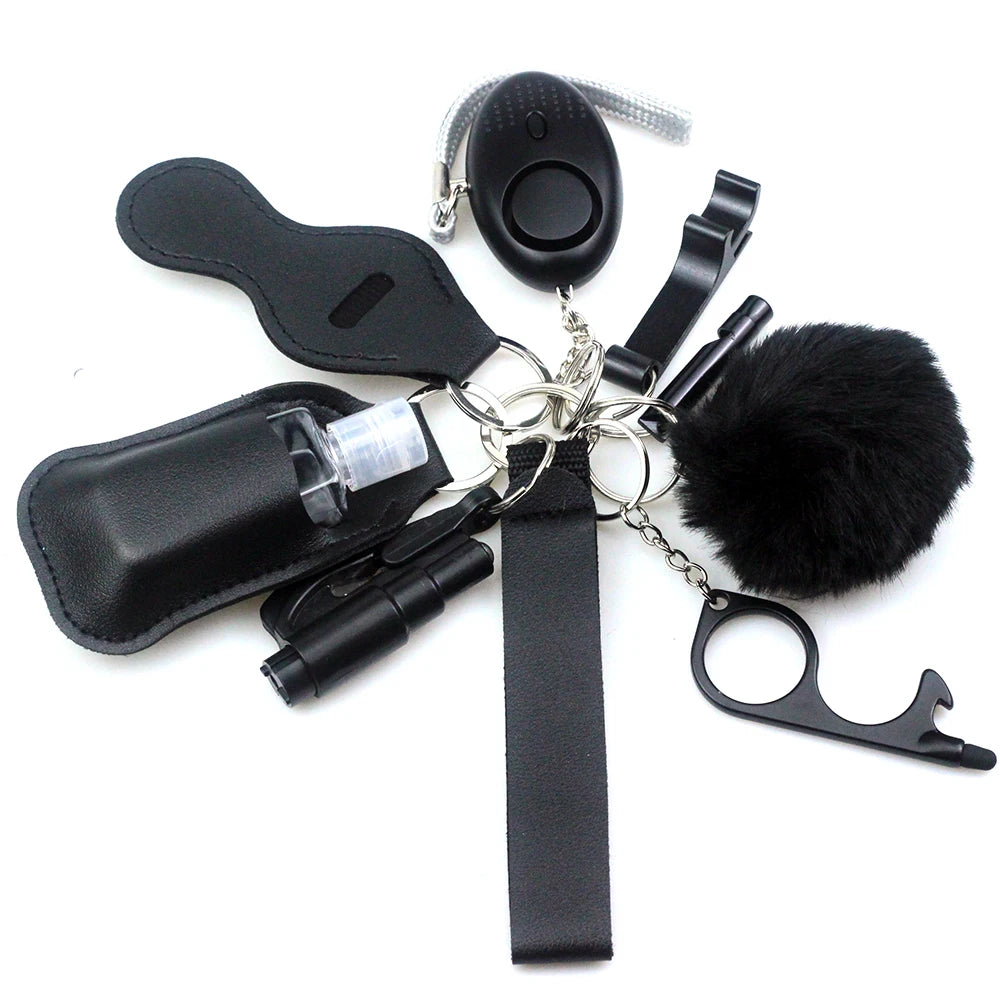 10-12PCS Girl Safety Keychain Supply Self Defense Keychain For Women Bottle Opener Pom Pom Fur Ball Wristlet Card Grabber