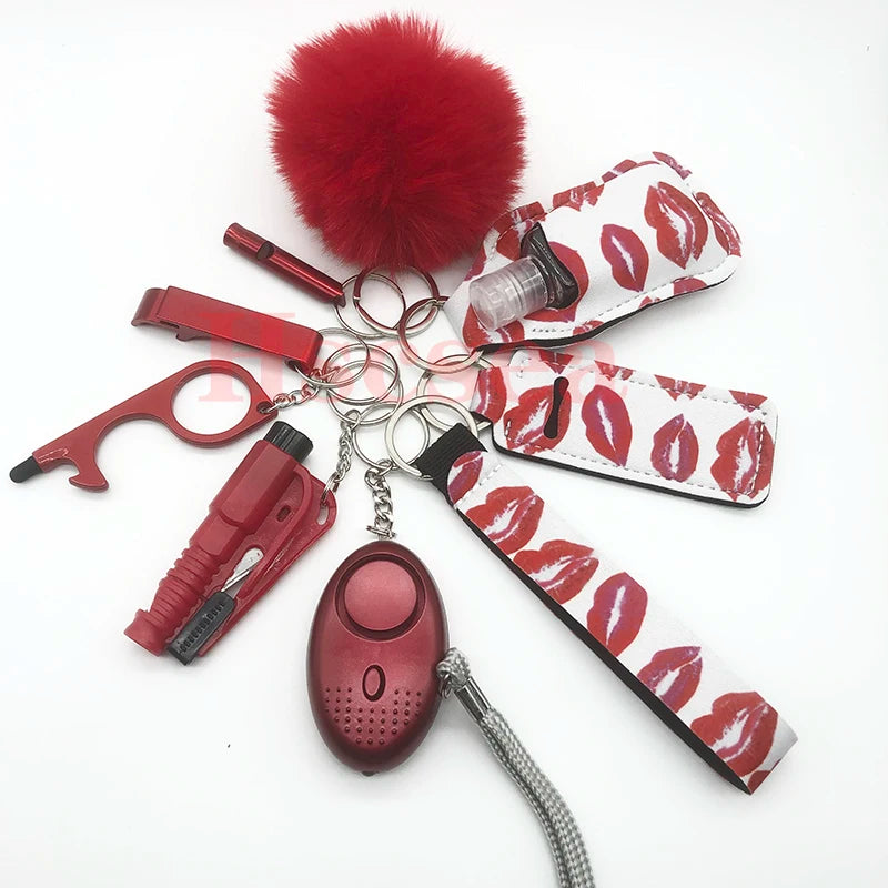 10-12PCS Girl Safety Keychain Supply Self Defense Keychain For Women Bottle Opener Pom Pom Fur Ball Wristlet Card Grabber
