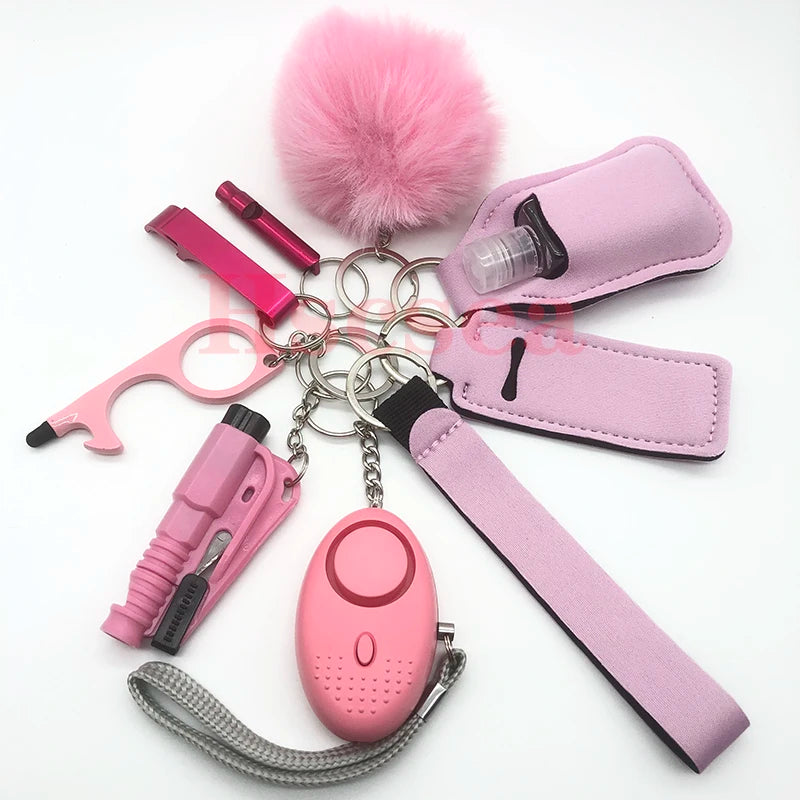 10-12PCS Girl Safety Keychain Supply Self Defense Keychain For Women Bottle Opener Pom Pom Fur Ball Wristlet Card Grabber