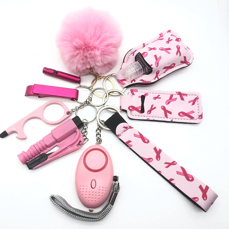 10-12PCS Girl Safety Keychain Supply Self Defense Keychain For Women Bottle Opener Pom Pom Fur Ball Wristlet Card Grabber