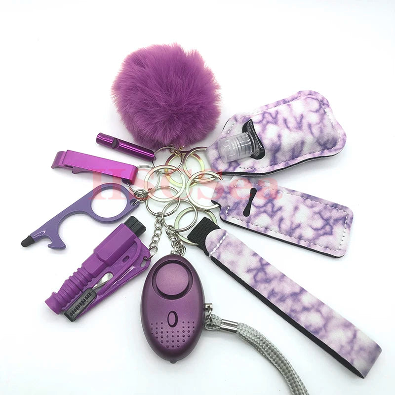 10-12PCS Girl Safety Keychain Supply Self Defense Keychain For Women Bottle Opener Pom Pom Fur Ball Wristlet Card Grabber