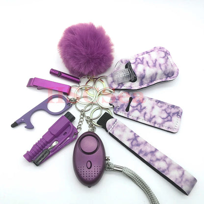 10-12PCS Girl Safety Keychain Supply Self Defense Keychain For Women Bottle Opener Pom Pom Fur Ball Wristlet Card Grabber