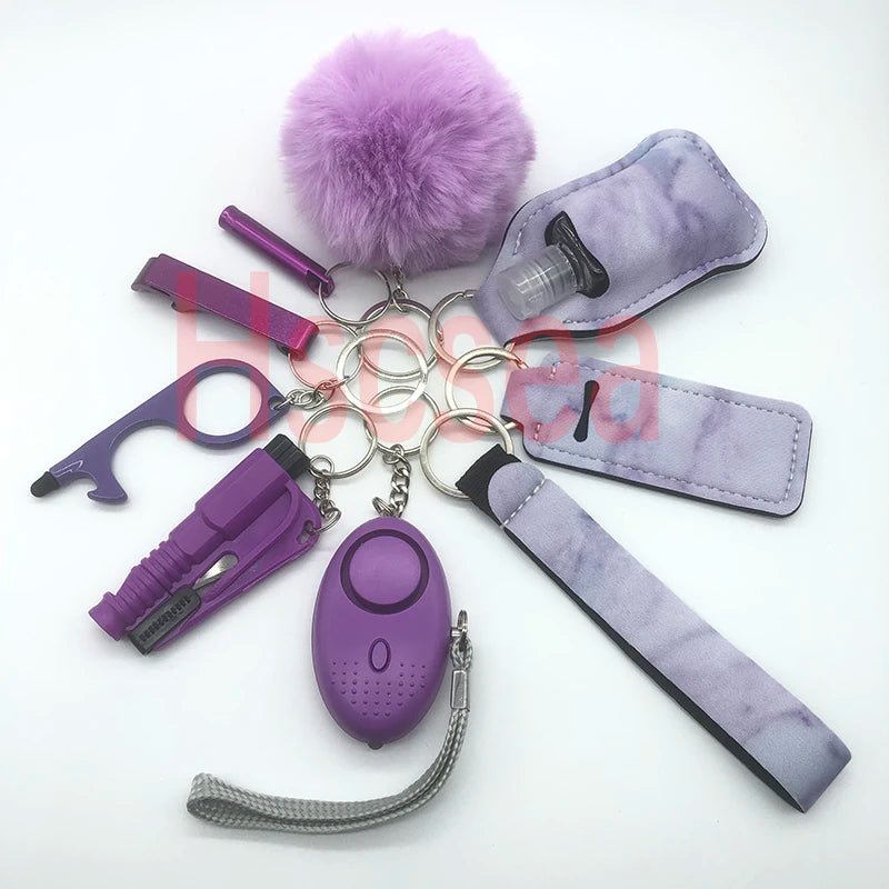10-12PCS Girl Safety Keychain Supply Self Defense Keychain For Women Bottle Opener Pom Pom Fur Ball Wristlet Card Grabber