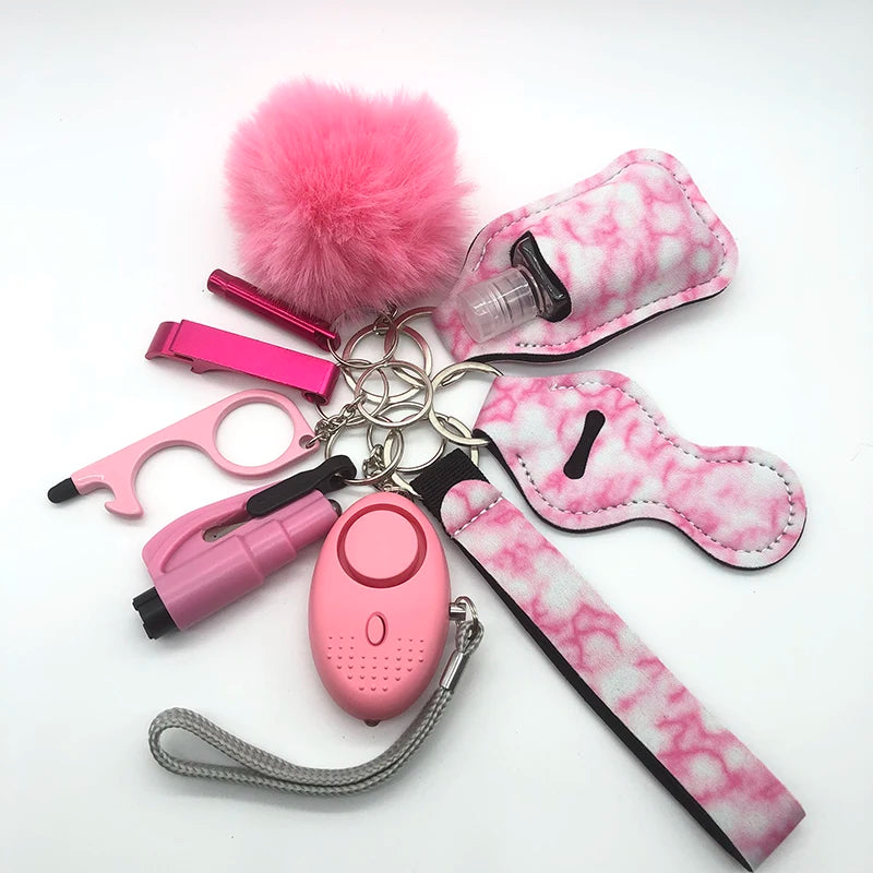 10-12PCS Girl Safety Keychain Supply Self Defense Keychain For Women Bottle Opener Pom Pom Fur Ball Wristlet Card Grabber
