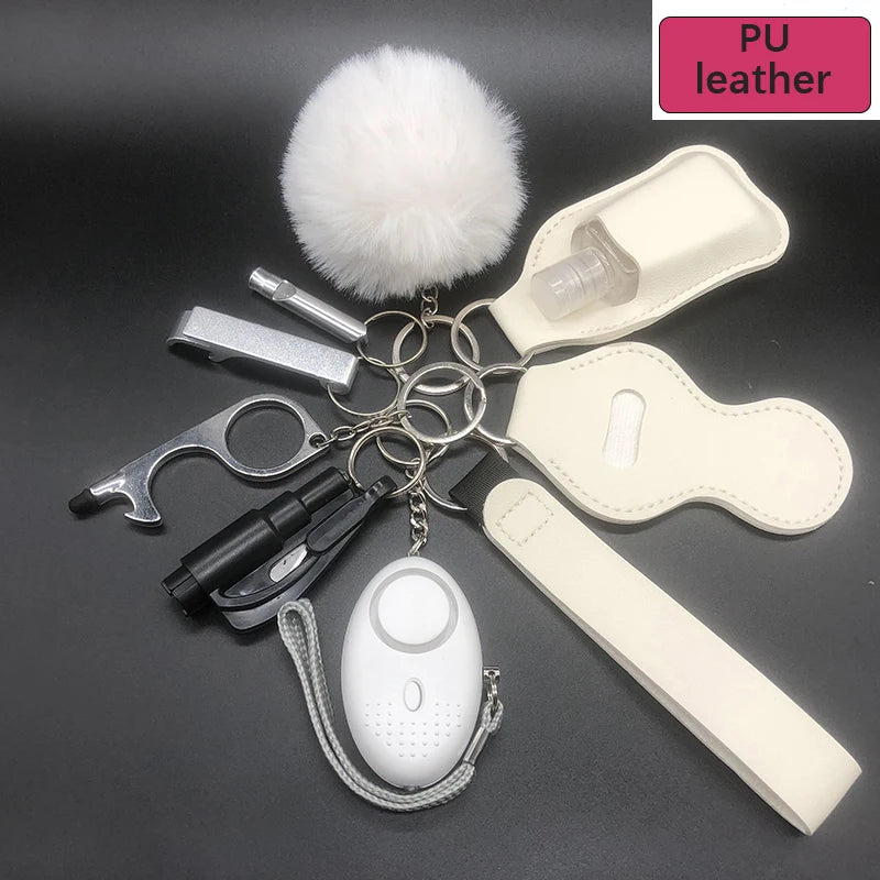 10-12PCS Girl Safety Keychain Supply Self Defense Keychain For Women Bottle Opener Pom Pom Fur Ball Wristlet Card Grabber