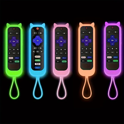 Glow in the dark cute cat's ears shaped silicone universal remote control cover with  for TCL Hisense Roku TV remote control