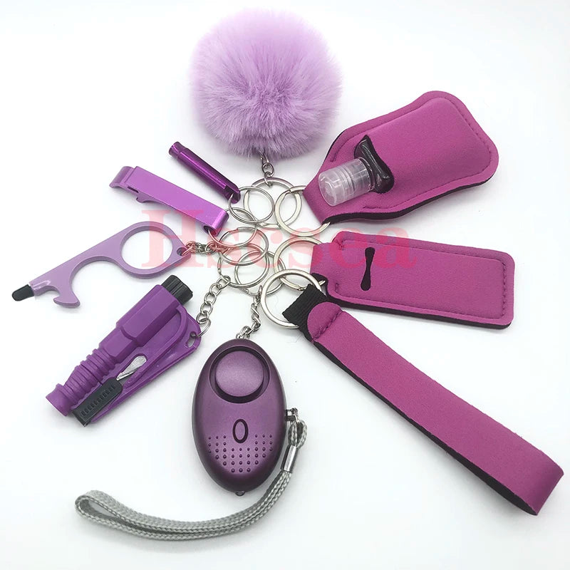 10-12PCS Girl Safety Keychain Supply Self Defense Keychain For Women Bottle Opener Pom Pom Fur Ball Wristlet Card Grabber