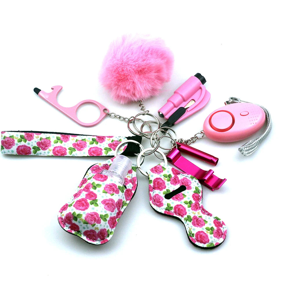 10-12PCS Girl Safety Keychain Supply Self Defense Keychain For Women Bottle Opener Pom Pom Fur Ball Wristlet Card Grabber