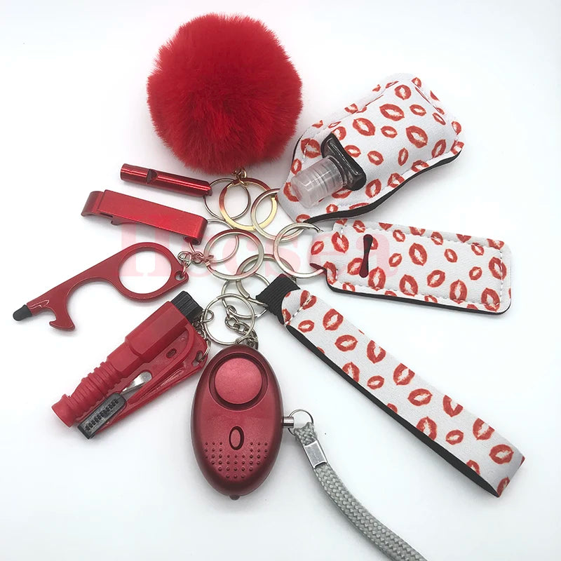 10-12PCS Girl Safety Keychain Supply Self Defense Keychain For Women Bottle Opener Pom Pom Fur Ball Wristlet Card Grabber