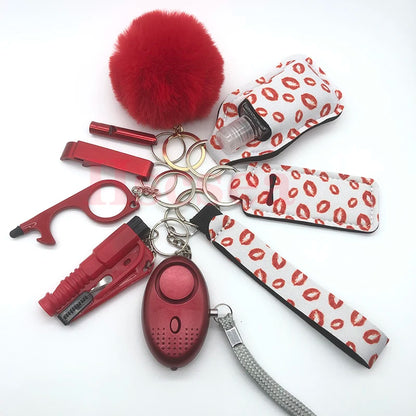 10-12PCS Girl Safety Keychain Supply Self Defense Keychain For Women Bottle Opener Pom Pom Fur Ball Wristlet Card Grabber