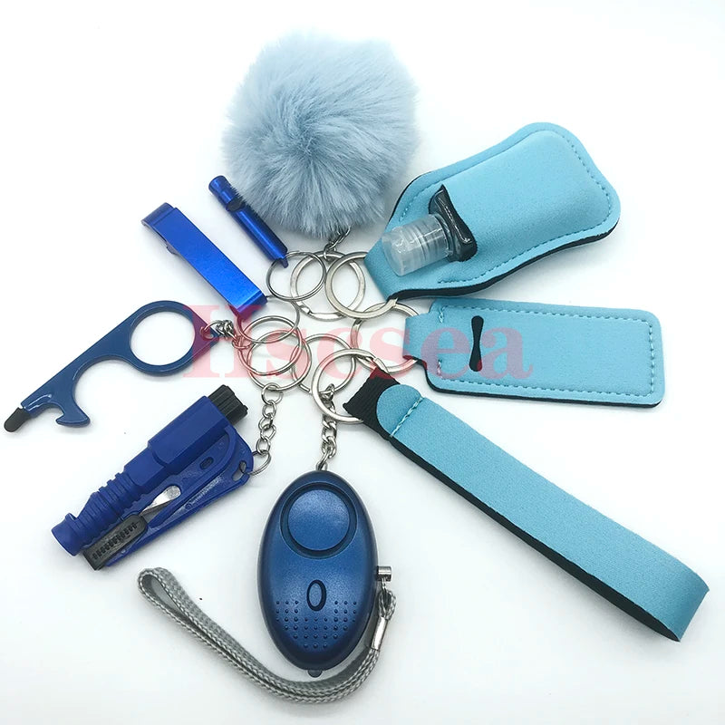 10-12PCS Girl Safety Keychain Supply Self Defense Keychain For Women Bottle Opener Pom Pom Fur Ball Wristlet Card Grabber